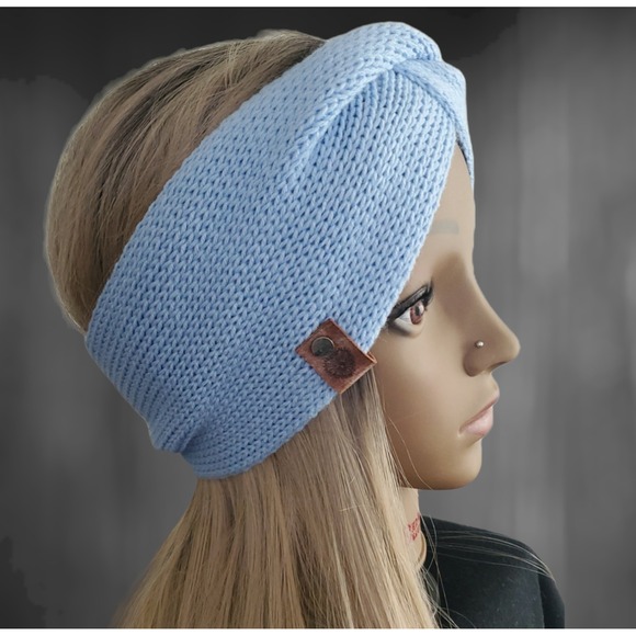 Handmade Knit Twisted‎ Headband | Soft Blue Winter Ear Warmer - Picture 3 of 8
